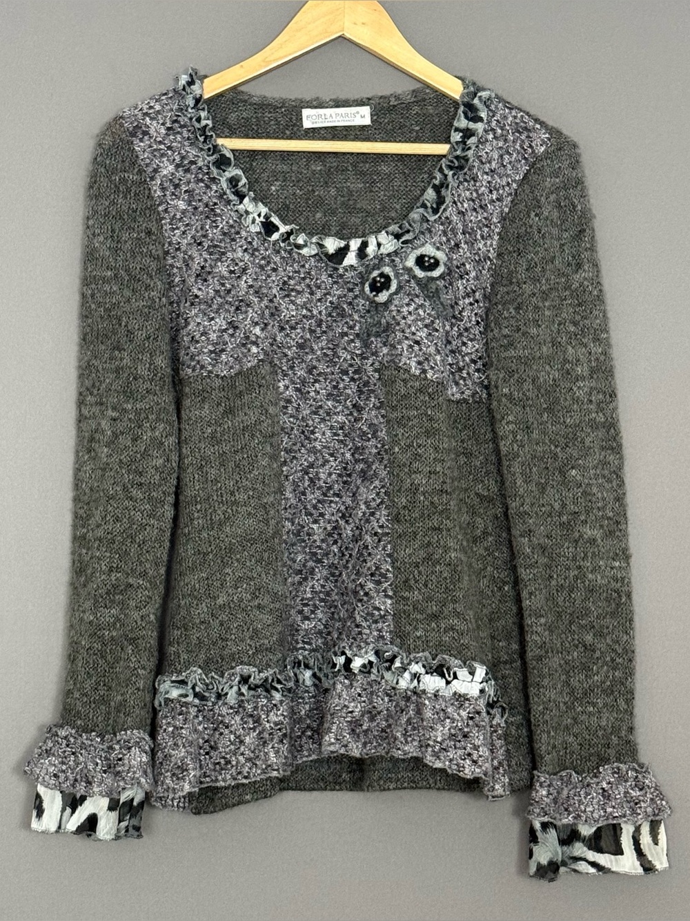 Forla Paris Women Gray Ruffle Mixed Media Knit Sweater M Lagenlook Whimsigoth
